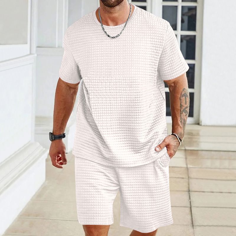 Clothes > Men's Clothing > Clothing Sets > Two-Piece Outfits New men's sports casual suit solid color round neck T-shirt shorts 2-piece set fashionable men's summer suit