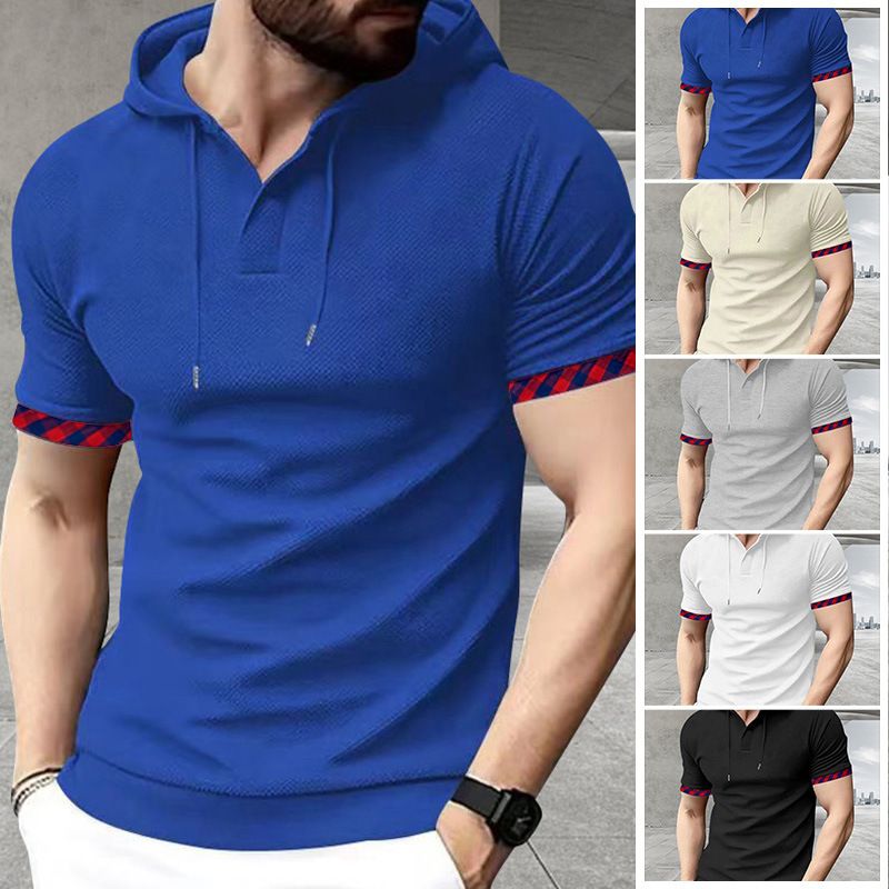 Clothes > Men's Clothing > Tops > T-Shirts  New short-sleeved men's T-shirt for summer, sports casual fashionable waffle solid color hooded polo shirt