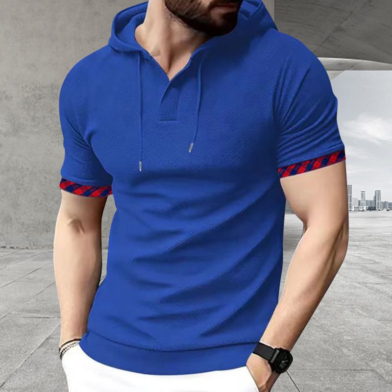 Clothes > Men's Clothing > Tops > T-Shirts  New short-sleeved men's T-shirt for summer, sports casual fashionable waffle solid color hooded polo shirt