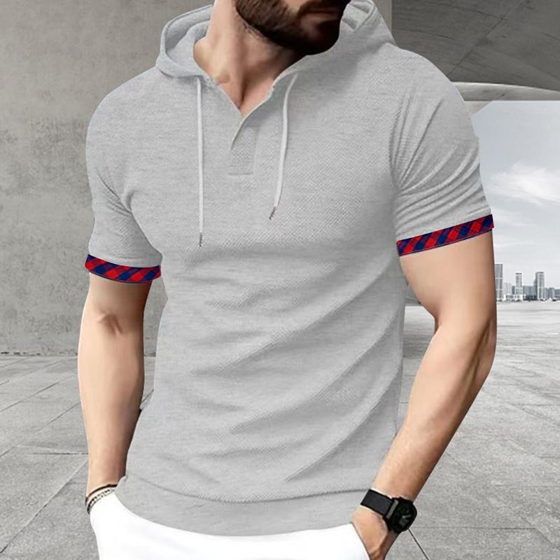 Clothes > Men's Clothing > Tops > T-Shirts  New short-sleeved men's T-shirt for summer, sports casual fashionable waffle solid color hooded polo shirt