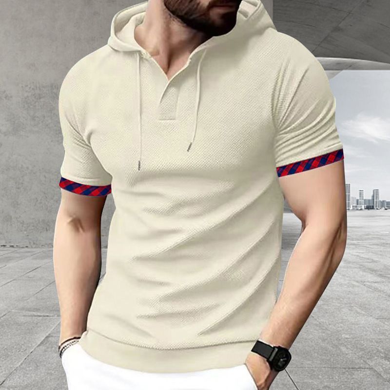 Clothes > Men's Clothing > Tops > T-Shirts  New short-sleeved men's T-shirt for summer, sports casual fashionable waffle solid color hooded polo shirt
