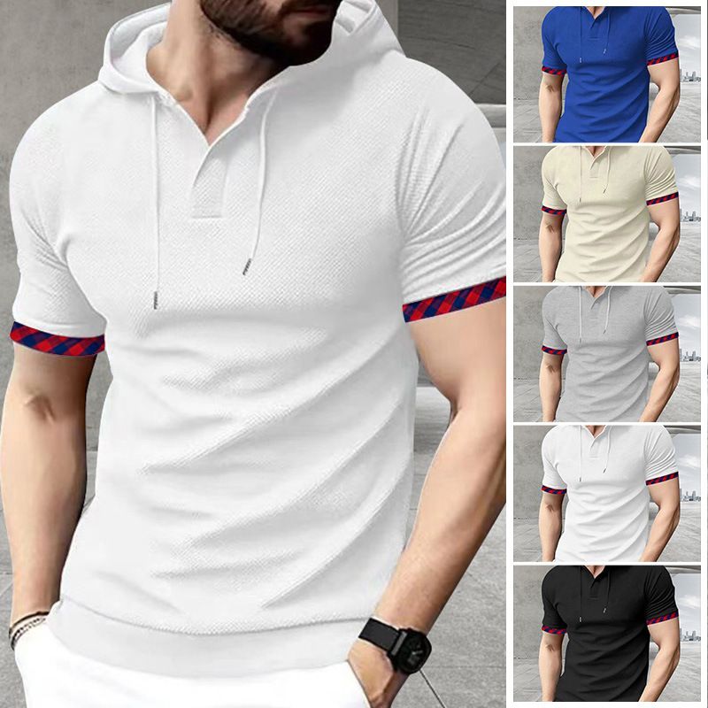 Clothes > Men's Clothing > Tops > T-Shirts  New short-sleeved men's T-shirt for summer, sports casual fashionable waffle solid color hooded polo shirt