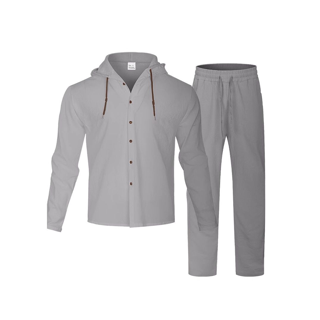 Clothes > Men's Clothing > Clothing Sets > Two-Piece OEuropean and American men's solid color casual long-sleeved shirt hooded drawstring cotton and linen cardigan loose cotton and linen trousers suit