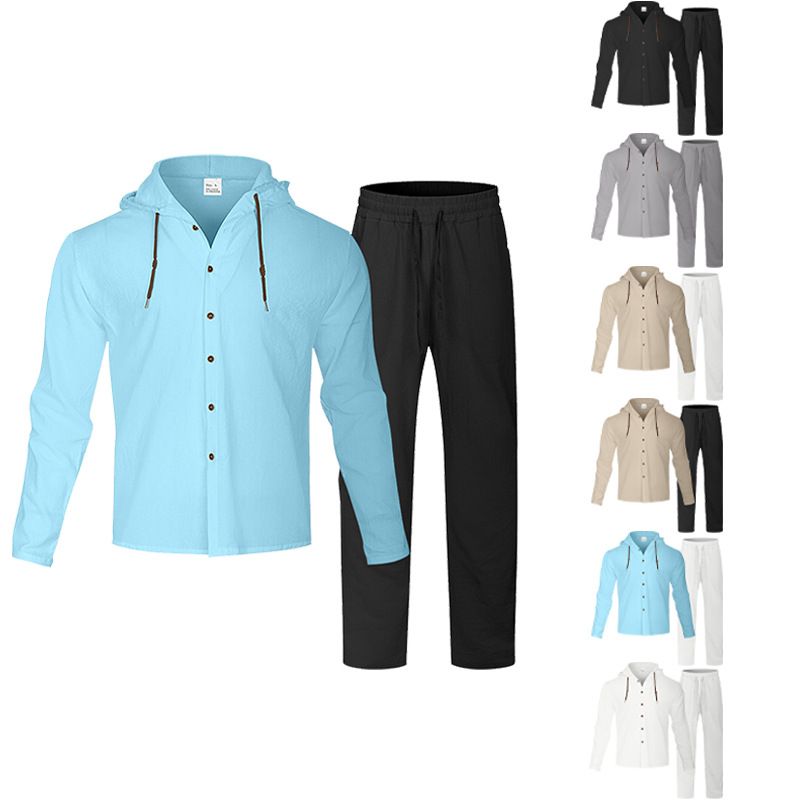 Clothes > Men's Clothing > Clothing Sets > Two-Piece OEuropean and American men's solid color casual long-sleeved shirt hooded drawstring cotton and linen cardigan loose cotton and linen trousers suit