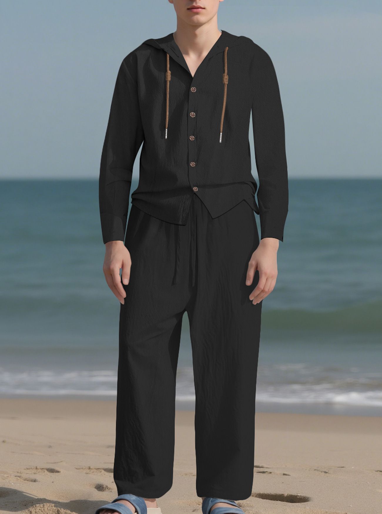 Clothes > Men's Clothing > Clothing Sets > Two-Piece OEuropean and American men's solid color casual long-sleeved shirt hooded drawstring cotton and linen cardigan loose cotton and linen trousers suit