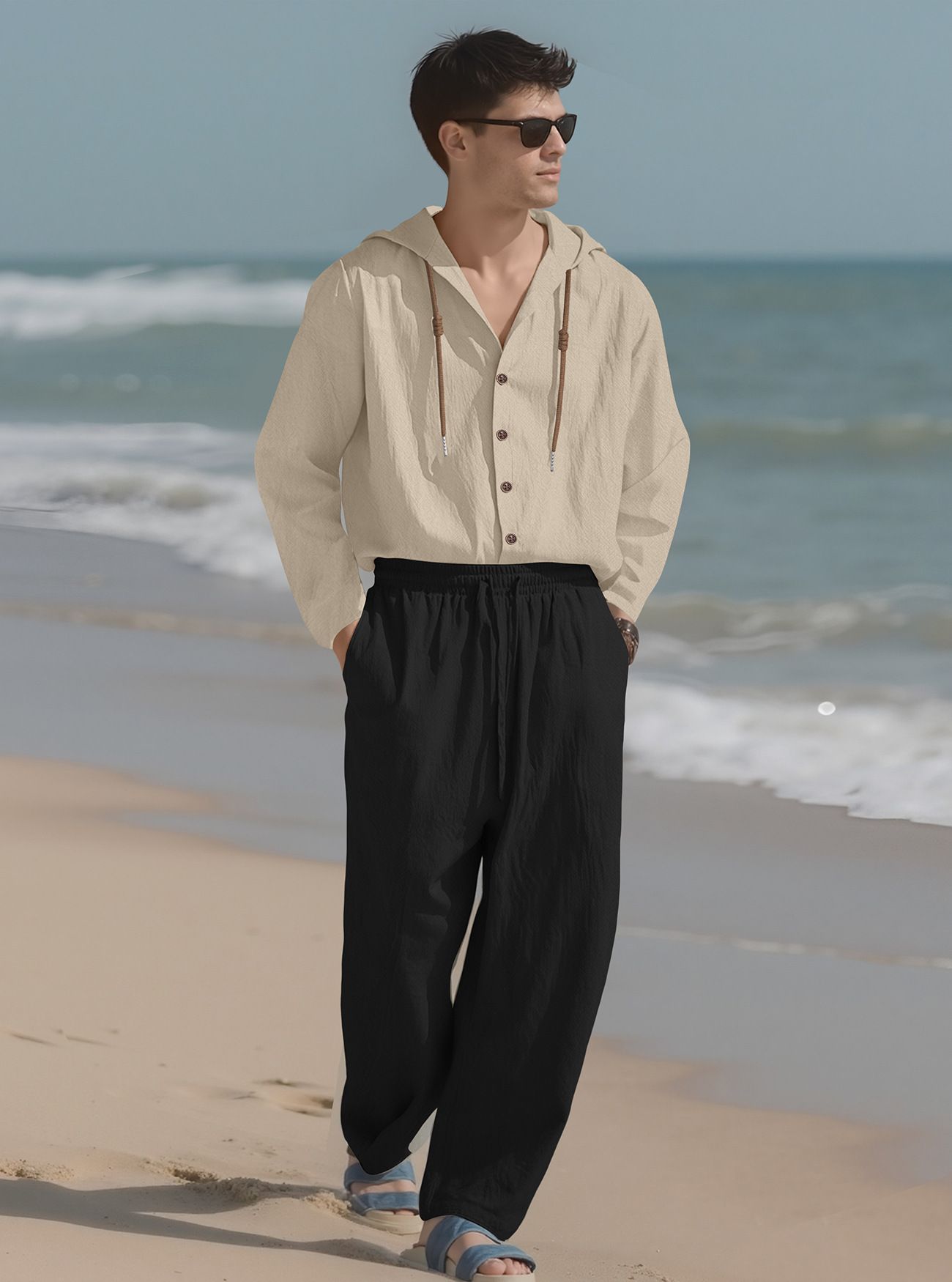 Clothes > Men's Clothing > Clothing Sets > Two-Piece OEuropean and American men's solid color casual long-sleeved shirt hooded drawstring cotton and linen cardigan loose cotton and linen trousers suit