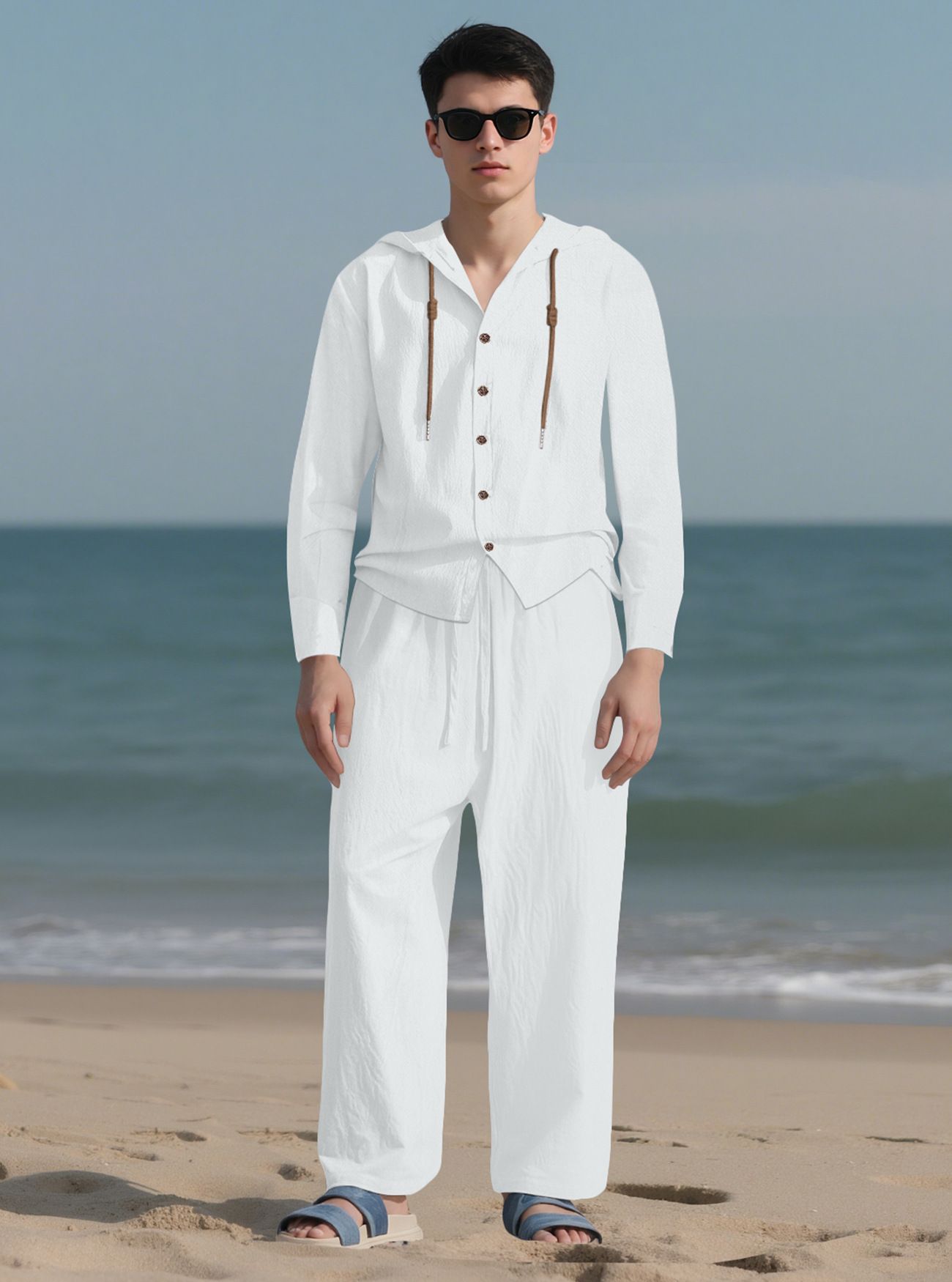 Clothes > Men's Clothing > Clothing Sets > Two-Piece OEuropean and American men's solid color casual long-sleeved shirt hooded drawstring cotton and linen cardigan loose cotton and linen trousers suit