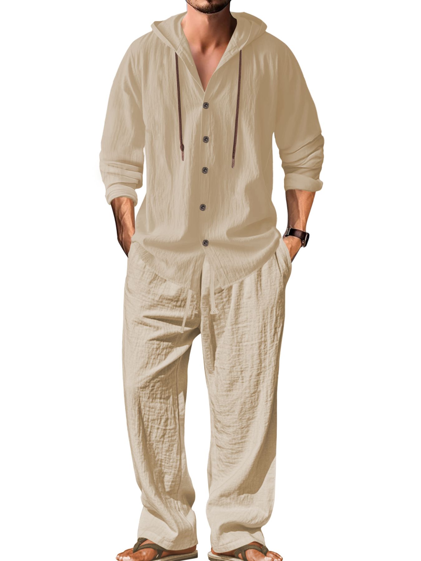 Clothes > Men's Clothing > Clothing Sets > Two-Piece OEuropean and American men's solid color casual long-sleeved shirt hooded drawstring cotton and linen cardigan loose cotton and linen trousers suit