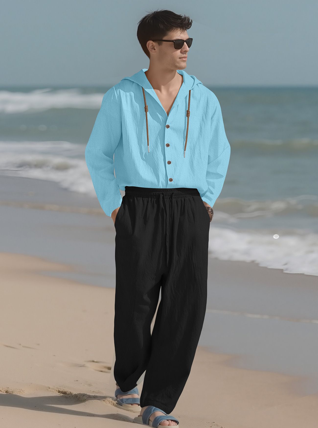 Clothes > Men's Clothing > Clothing Sets > Two-Piece OEuropean and American men's solid color casual long-sleeved shirt hooded drawstring cotton and linen cardigan loose cotton and linen trousers suit