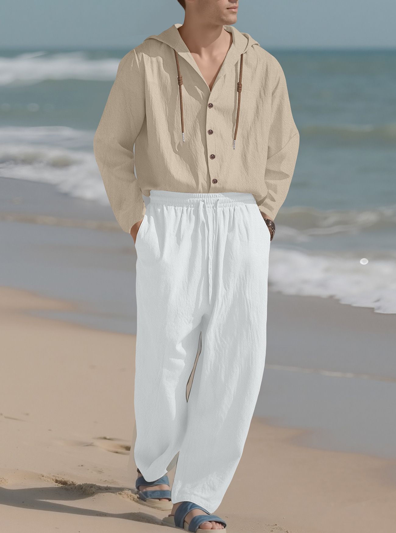 Clothes > Men's Clothing > Clothing Sets > Two-Piece OEuropean and American men's solid color casual long-sleeved shirt hooded drawstring cotton and linen cardigan loose cotton and linen trousers suit