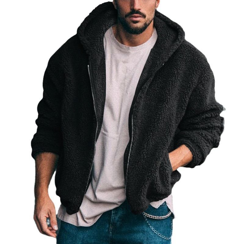 Clothes > Men's Clothing > Tops > Jackets & Coats  Men's jacket, European and American double-sided Arctic fleece hooded solid color zipper jacket, casual and versatile