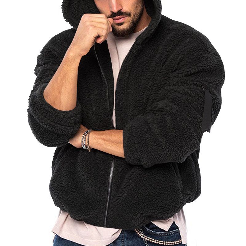 Clothes > Men's Clothing > Tops > Jackets & Coats  Men's jacket, European and American double-sided Arctic fleece hooded solid color zipper jacket, casual and versatile