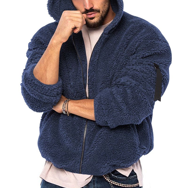 Clothes > Men's Clothing > Tops > Jackets & Coats  Men's jacket, European and American double-sided Arctic fleece hooded solid color zipper jacket, casual and versatile