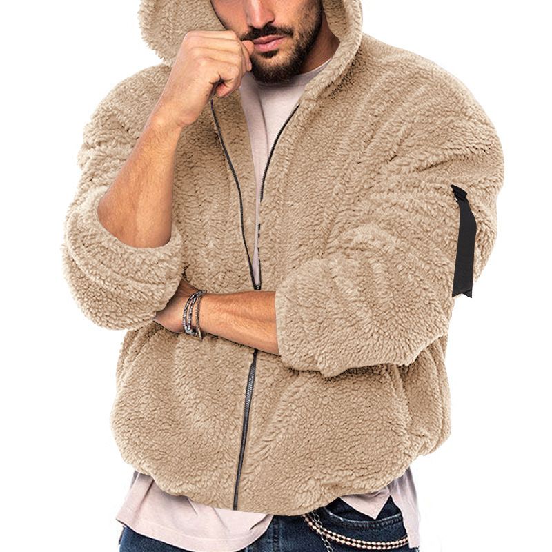 Clothes > Men's Clothing > Tops > Jackets & Coats  Men's jacket, European and American double-sided Arctic fleece hooded solid color zipper jacket, casual and versatile