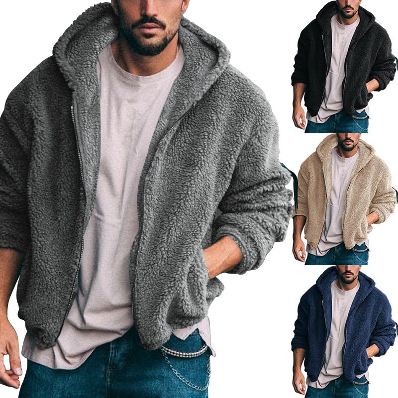 Clothes > Men's Clothing > Tops > Jackets & Coats  Men's jacket, European and American double-sided Arctic fleece hooded solid color zipper jacket, casual and versatile