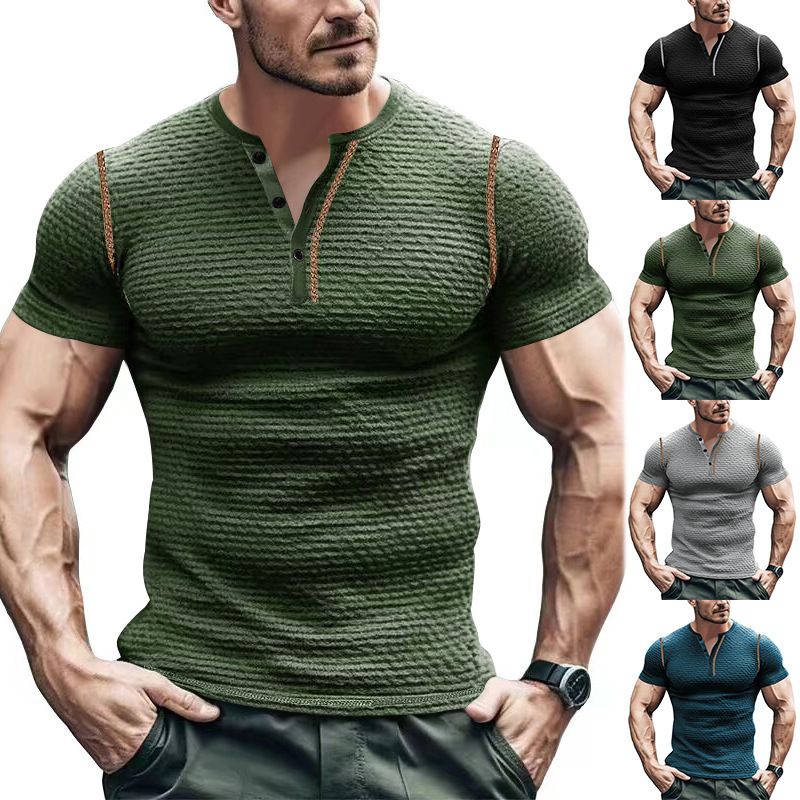 Clothes > Men's Clothing > Tops > T-Shirts Summer sports and fitness slim breathable men's short-sleeved t-shirt European and American men's muscle henley shirt men's t-shirt