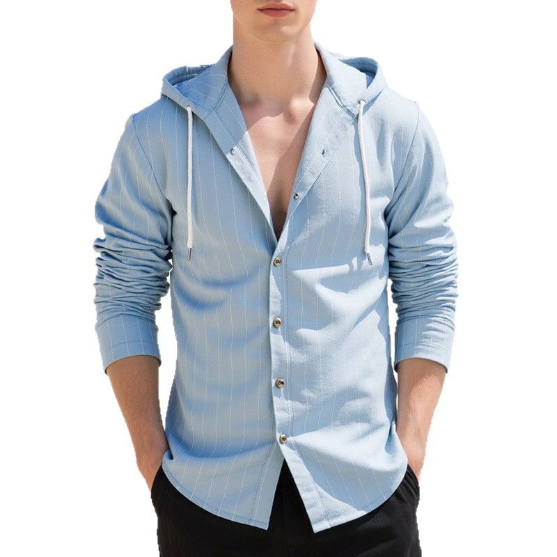 Clothes > Men's Clothing > Tops > Shirts  Men's vertical striped casual long-sleeved shirt hooded drawstring linen cardigan trendy loose beach T-shirt