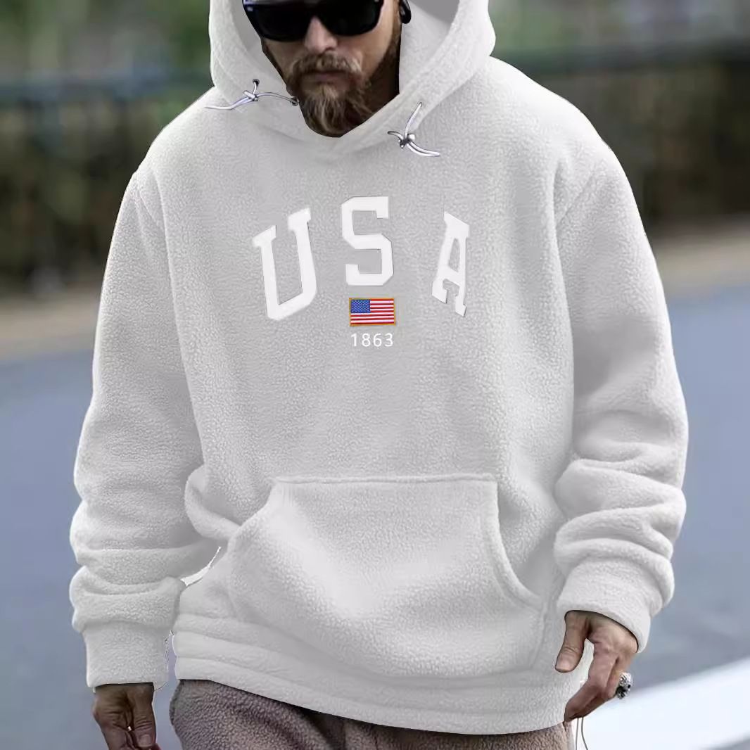 Clothes > Men's Clothing > Tops > Jackets & Coats  European and American men's fashion hooded polar fleece hooded thickened casual sports embroidered sweatshirt