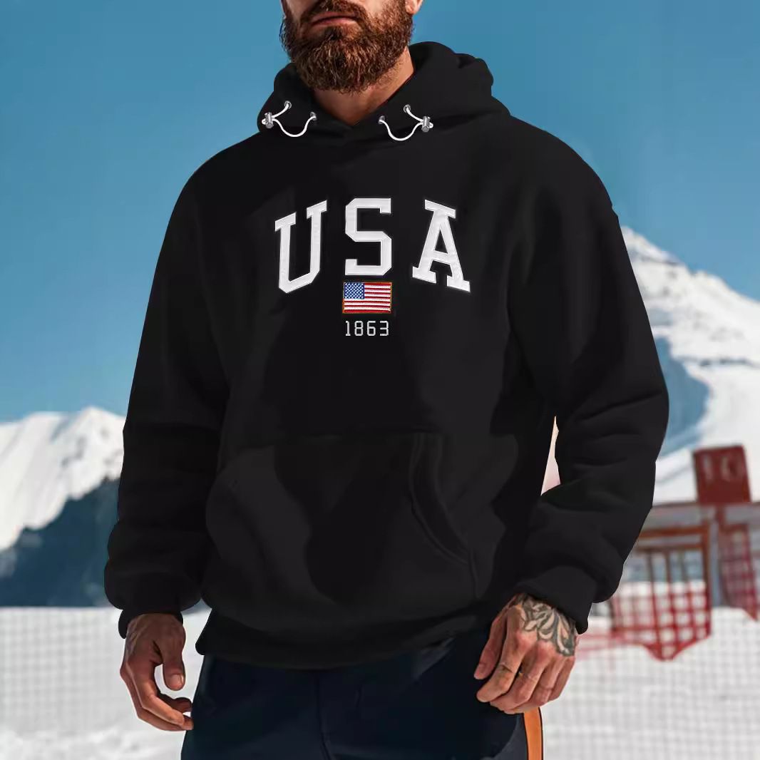 Clothes > Men's Clothing > Tops > Jackets & Coats  European and American men's fashion hooded polar fleece hooded thickened casual sports embroidered sweatshirt