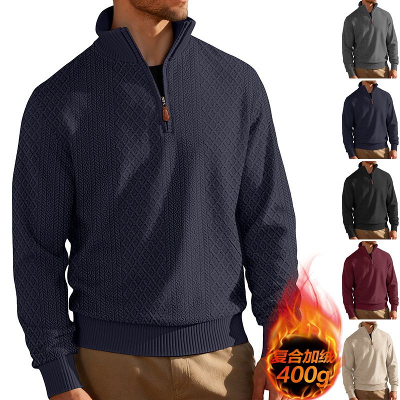 Clothes > Women's Clothing > Tops > Jackets & Coats  Casual stand-up collar zippered long-sleeved jacquard texture American sports solid color fitted sweatshirt