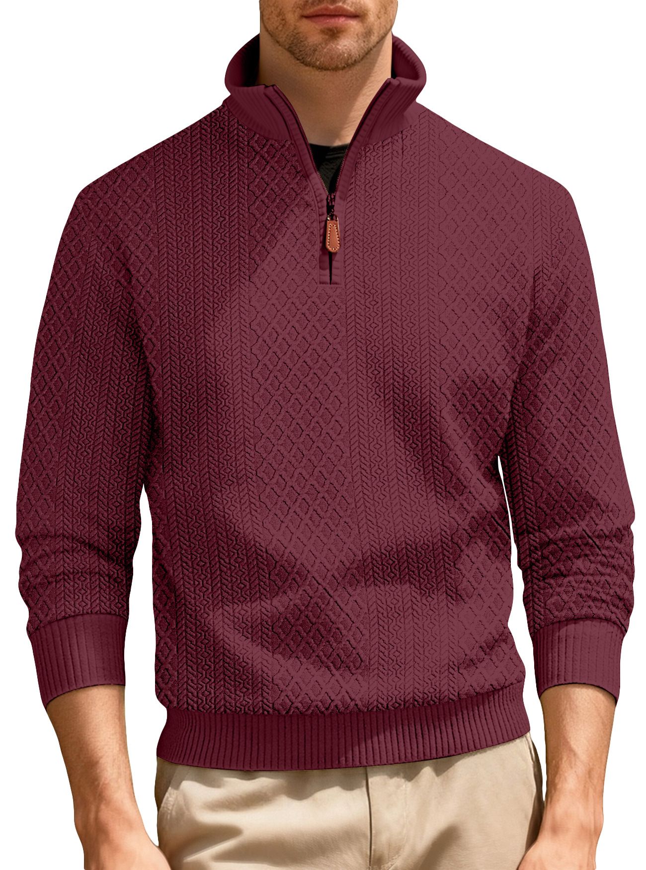 Clothes > Women's Clothing > Tops > Jackets & Coats  Casual stand-up collar zippered long-sleeved jacquard texture American sports solid color fitted sweatshirt