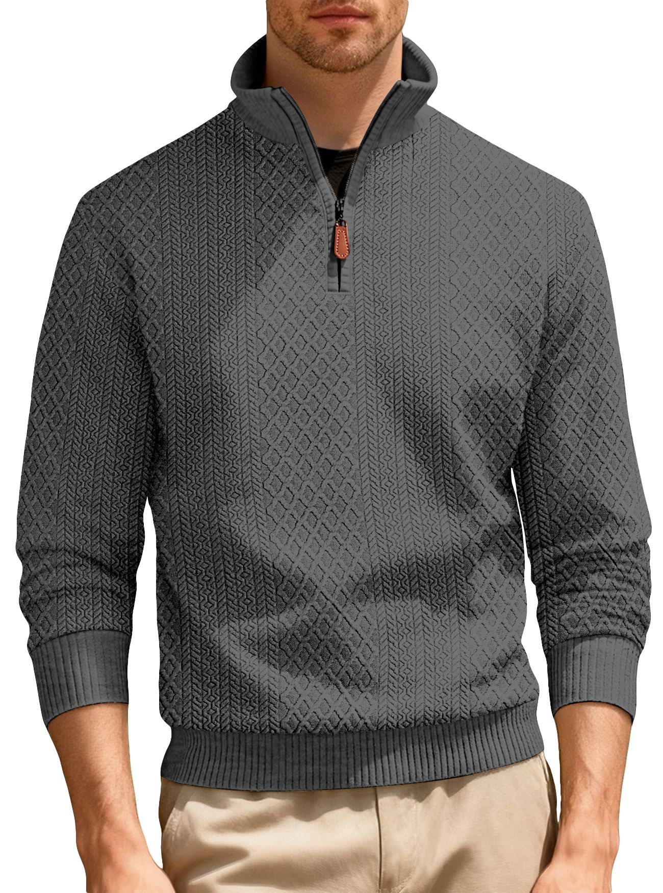 Clothes > Women's Clothing > Tops > Jackets & Coats  Casual stand-up collar zippered long-sleeved jacquard texture American sports solid color fitted sweatshirt
