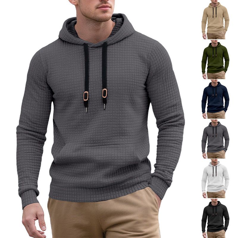 Clothes > Men's Clothing > Tops > Jackets & Coats Men's casual pullover jacquard pocket sweatshirt small square quilted cotton fabric hooded