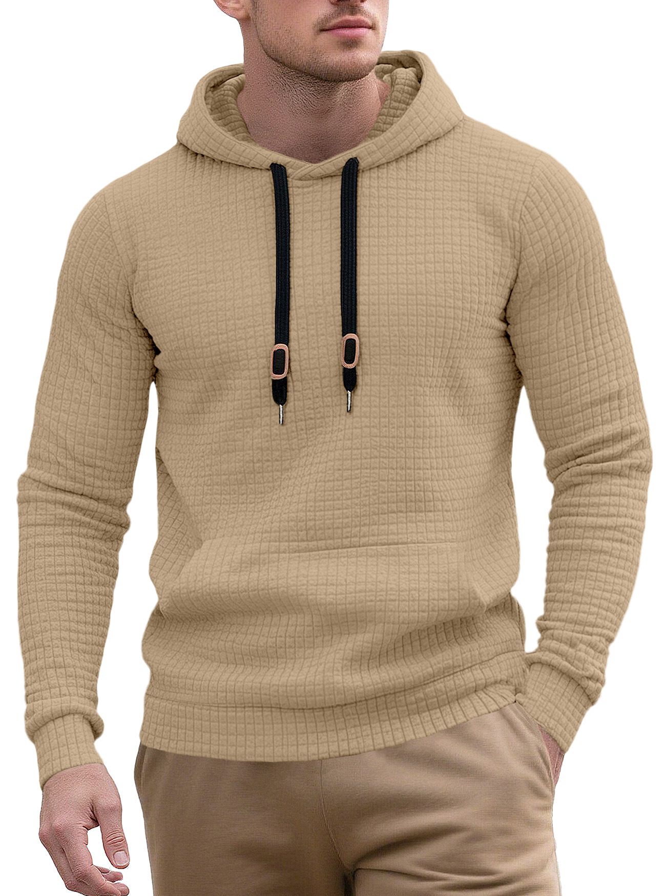 Clothes > Men's Clothing > Tops > Jackets & Coats Men's casual pullover jacquard pocket sweatshirt small square quilted cotton fabric hooded