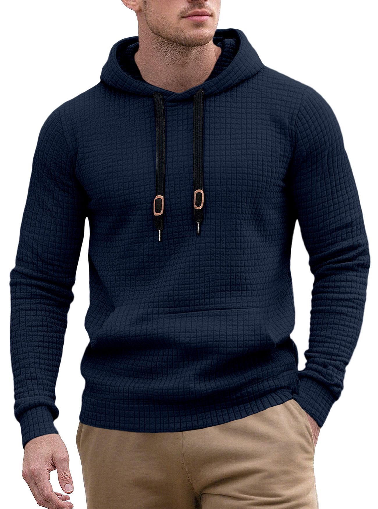 Clothes > Men's Clothing > Tops > Jackets & Coats Men's casual pullover jacquard pocket sweatshirt small square quilted cotton fabric hooded