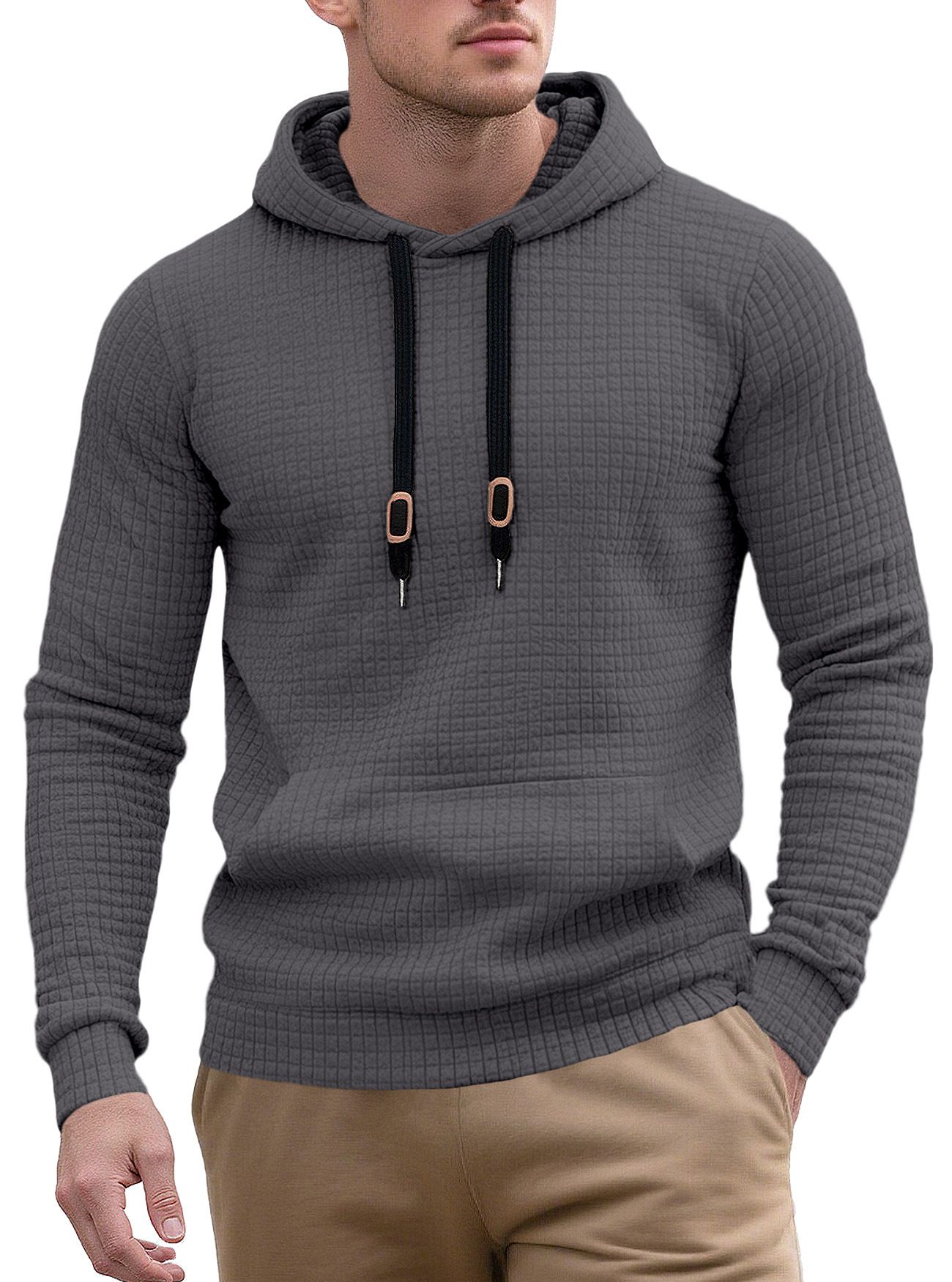 Clothes > Men's Clothing > Tops > Jackets & Coats Men's casual pullover jacquard pocket sweatshirt small square quilted cotton fabric hooded
