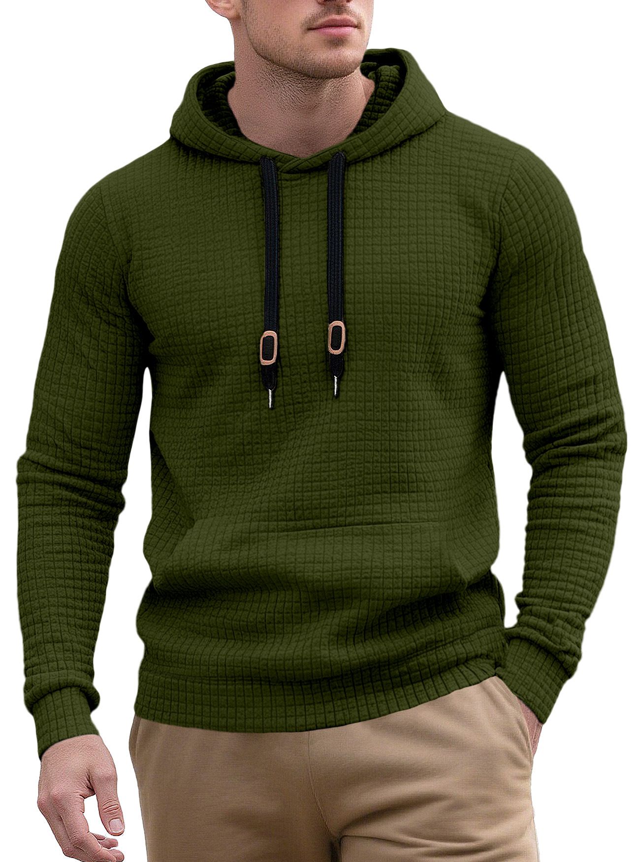 Clothes > Men's Clothing > Tops > Jackets & Coats Men's casual pullover jacquard pocket sweatshirt small square quilted cotton fabric hooded