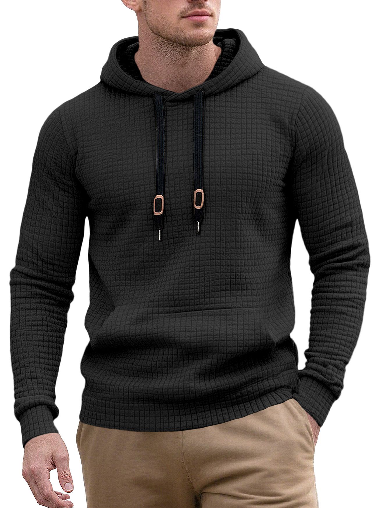 Clothes > Men's Clothing > Tops > Jackets & Coats Men's casual pullover jacquard pocket sweatshirt small square quilted cotton fabric hooded