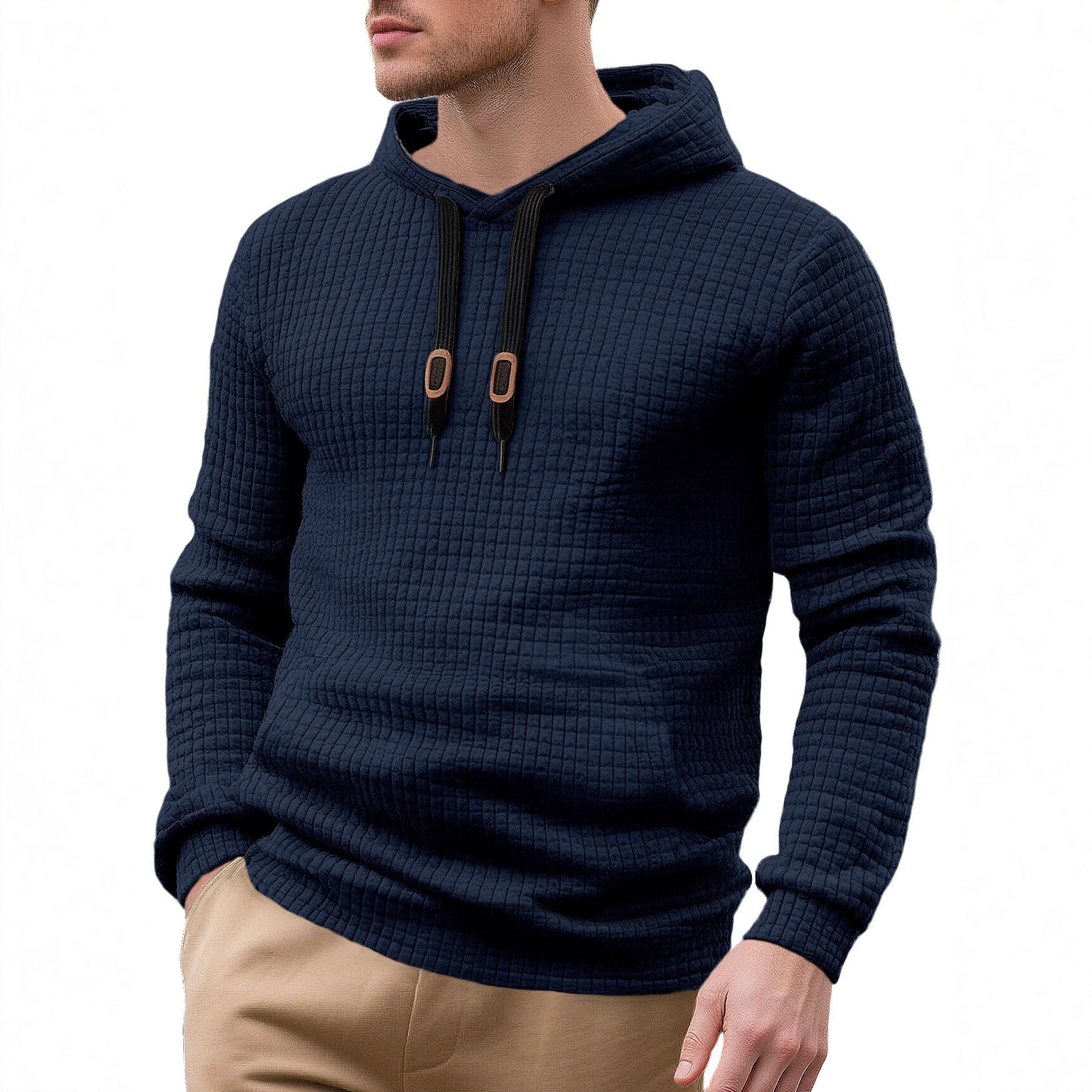Clothes > Men's Clothing > Tops > Jackets & Coats Men's casual pullover jacquard pocket sweatshirt small square quilted cotton fabric hooded