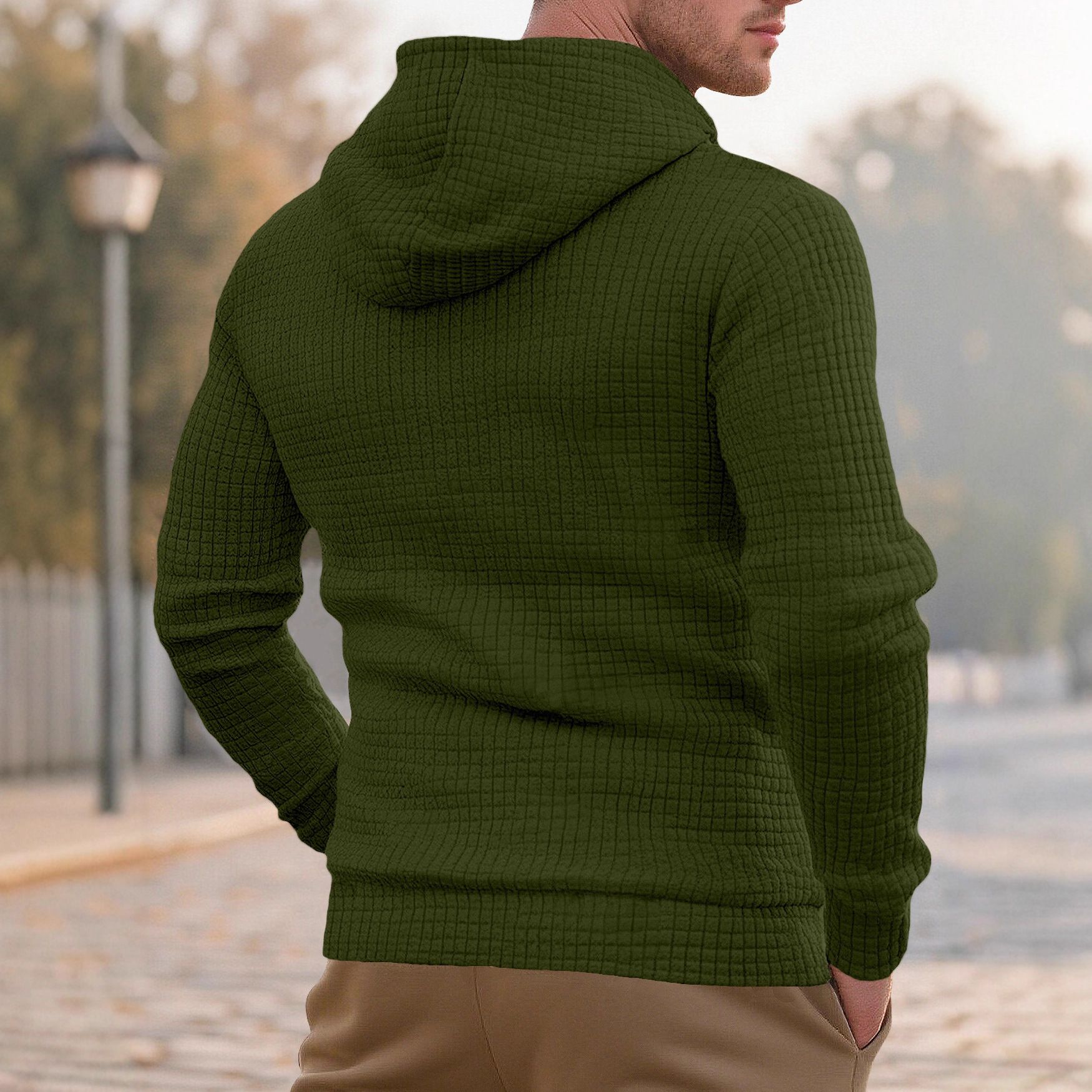 Clothes > Men's Clothing > Tops > Jackets & Coats Men's casual pullover jacquard pocket sweatshirt small square quilted cotton fabric hooded