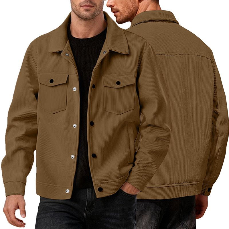 Clothes > Men's Clothing > Tops > Jackets & Coats  European and American corduroy single-breasted casual sports trendy pocket jacket men's lapel long-sleeved shirt