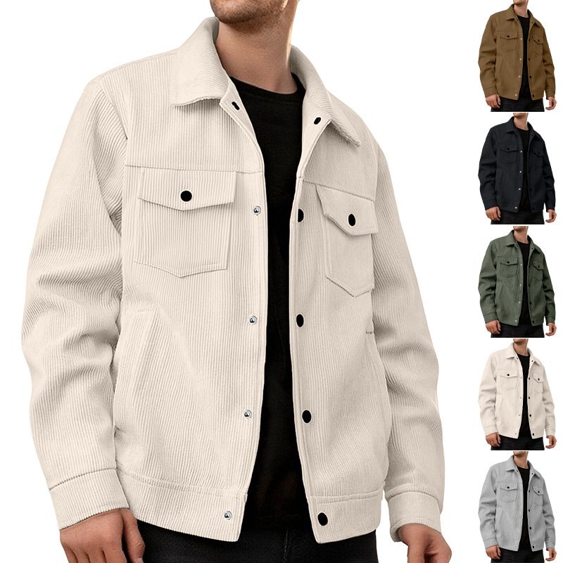 Clothes > Men's Clothing > Tops > Jackets & Coats  European and American corduroy single-breasted casual sports trendy pocket jacket men's lapel long-sleeved shirt