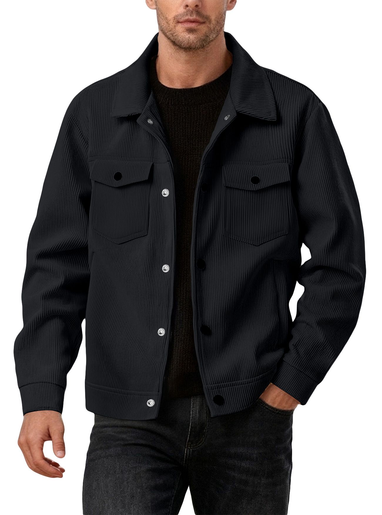 Clothes > Men's Clothing > Tops > Jackets & Coats  European and American corduroy single-breasted casual sports trendy pocket jacket men's lapel long-sleeved shirt