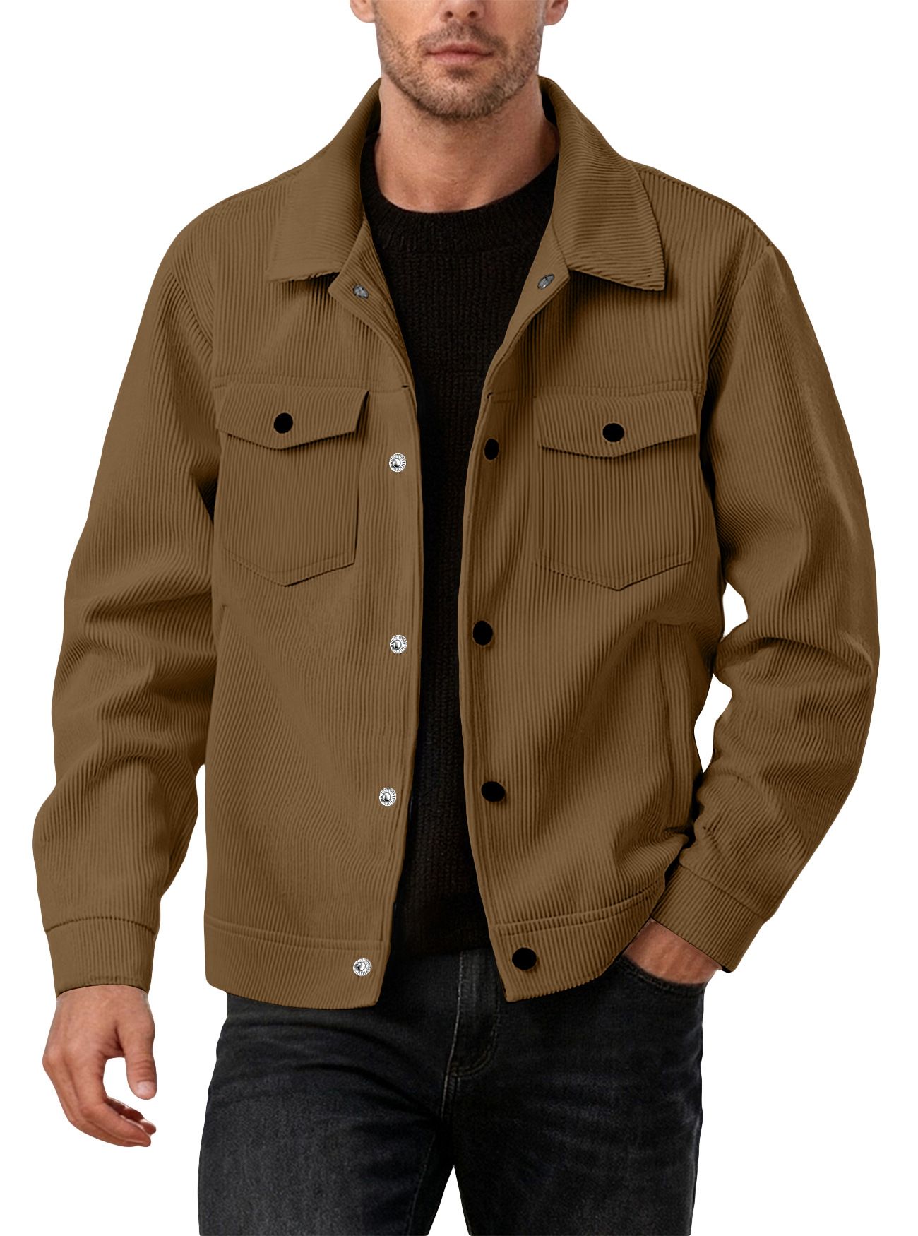 Clothes > Men's Clothing > Tops > Jackets & Coats  European and American corduroy single-breasted casual sports trendy pocket jacket men's lapel long-sleeved shirt