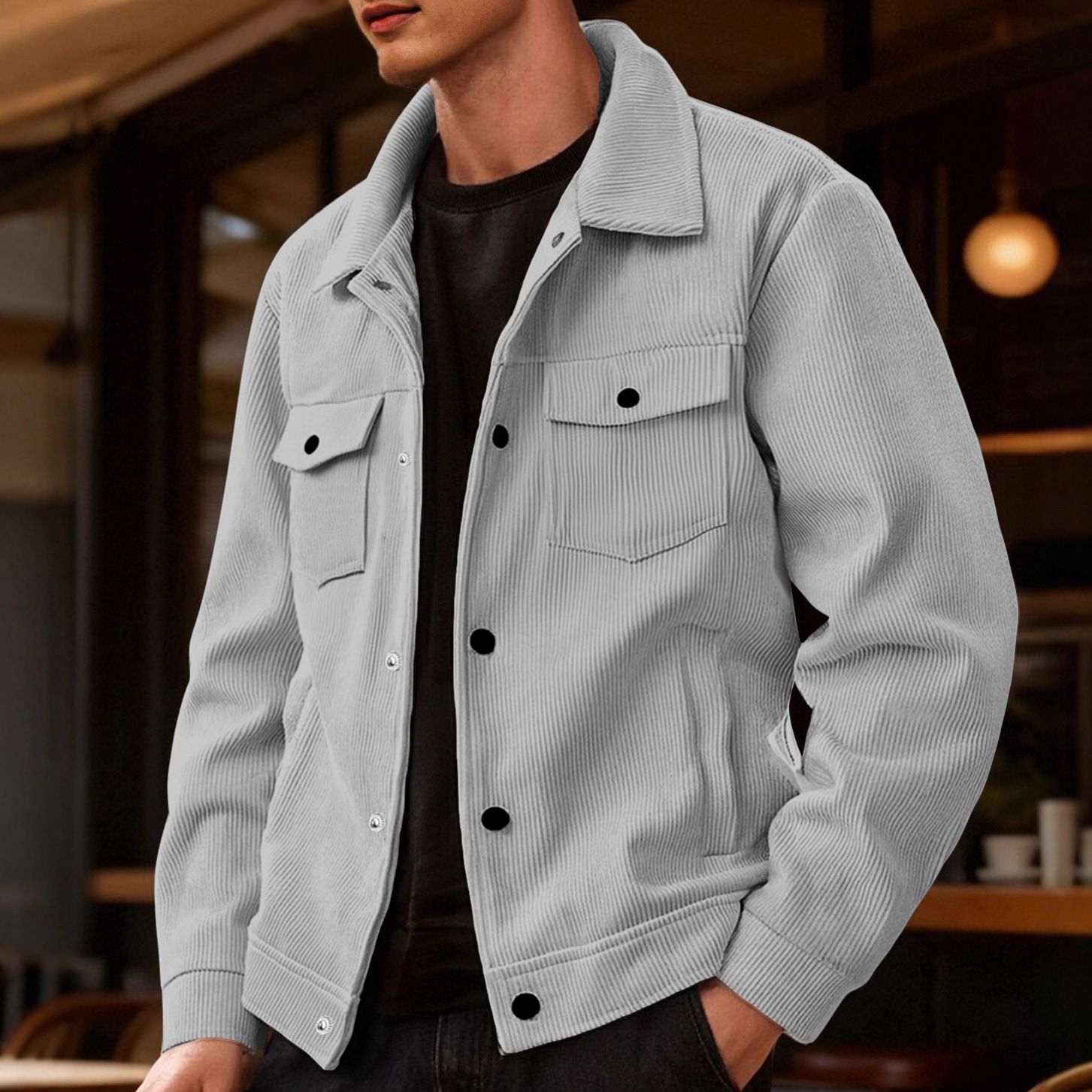 Clothes > Men's Clothing > Tops > Jackets & Coats  European and American corduroy single-breasted casual sports trendy pocket jacket men's lapel long-sleeved shirt