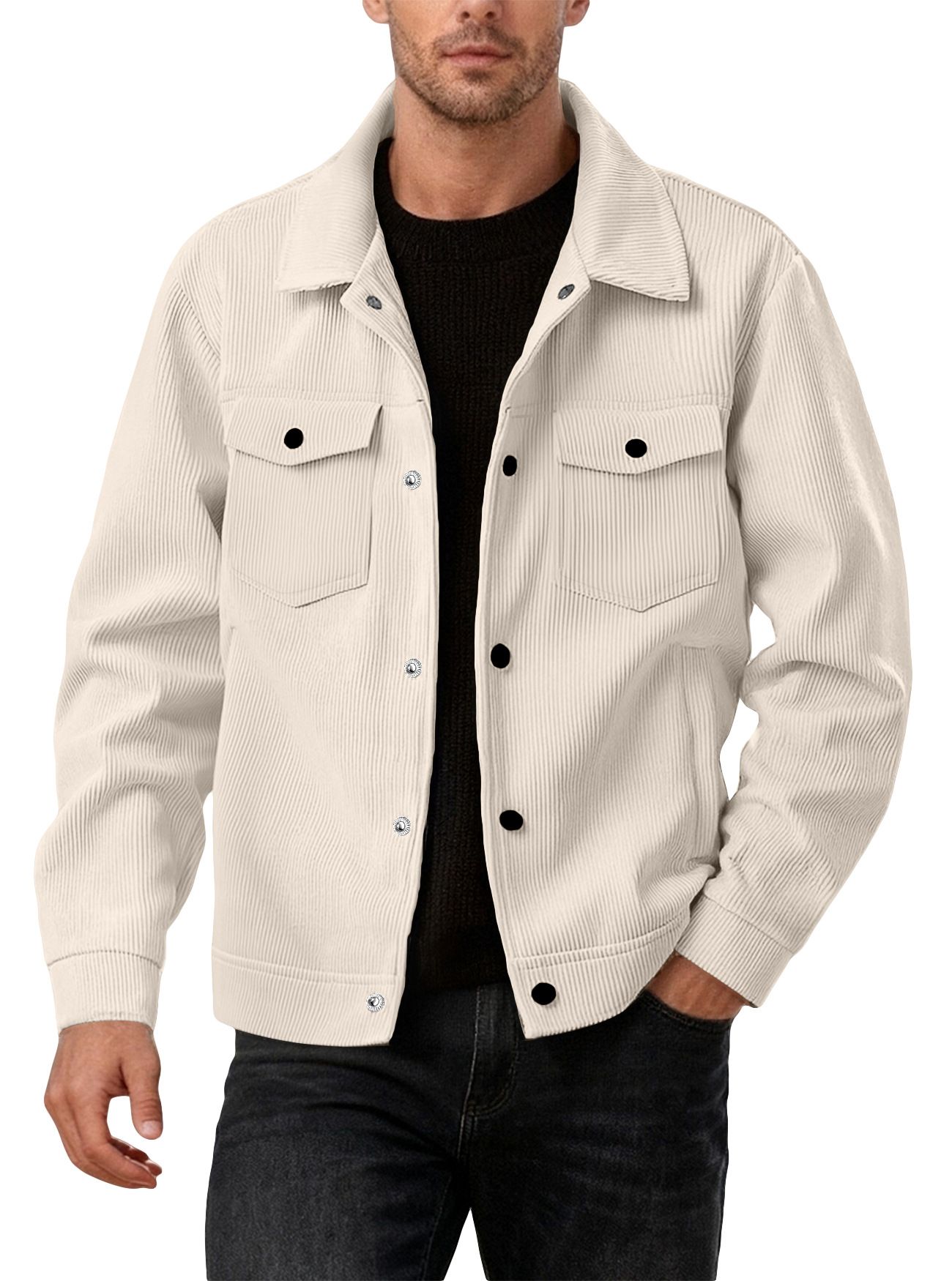 Clothes > Men's Clothing > Tops > Jackets & Coats  European and American corduroy single-breasted casual sports trendy pocket jacket men's lapel long-sleeved shirt