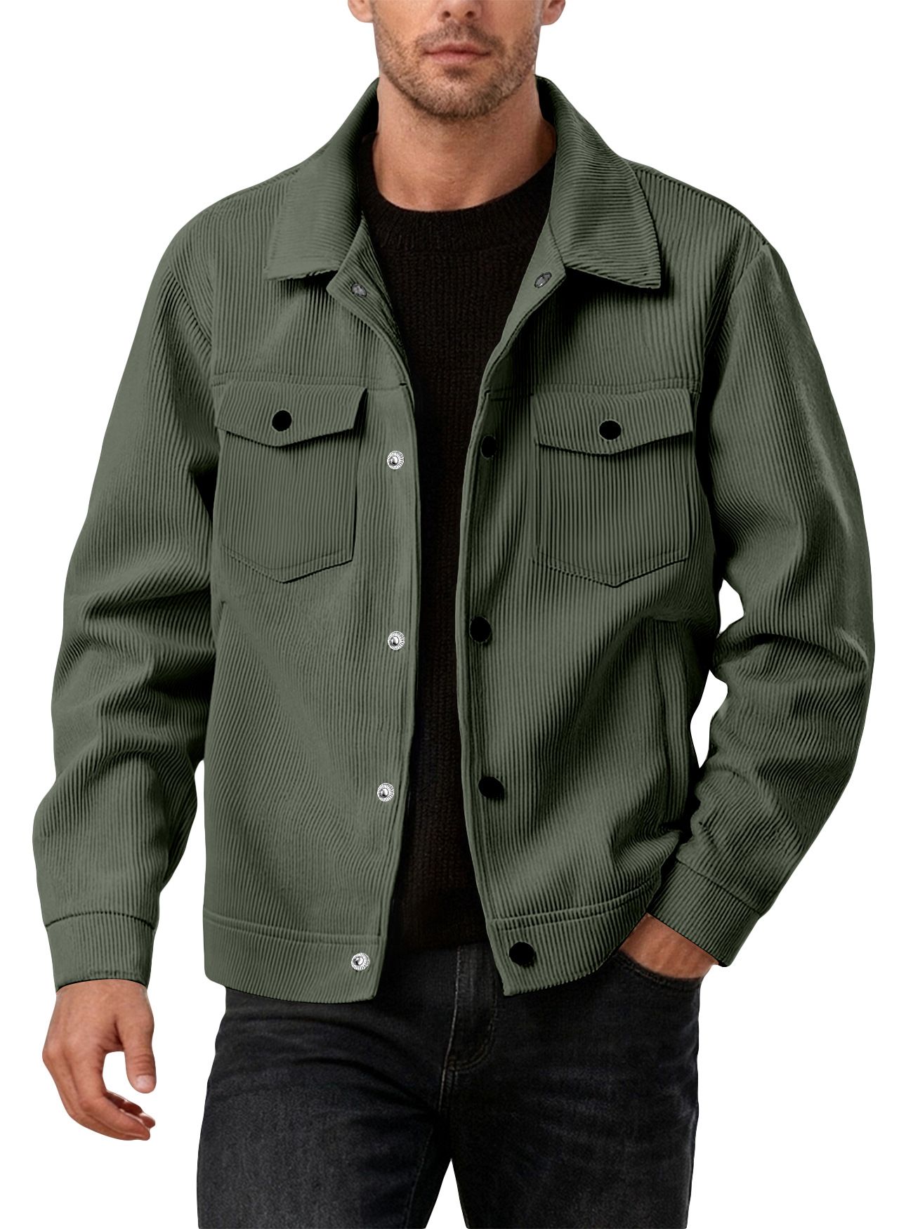 Clothes > Men's Clothing > Tops > Jackets & Coats  European and American corduroy single-breasted casual sports trendy pocket jacket men's lapel long-sleeved shirt