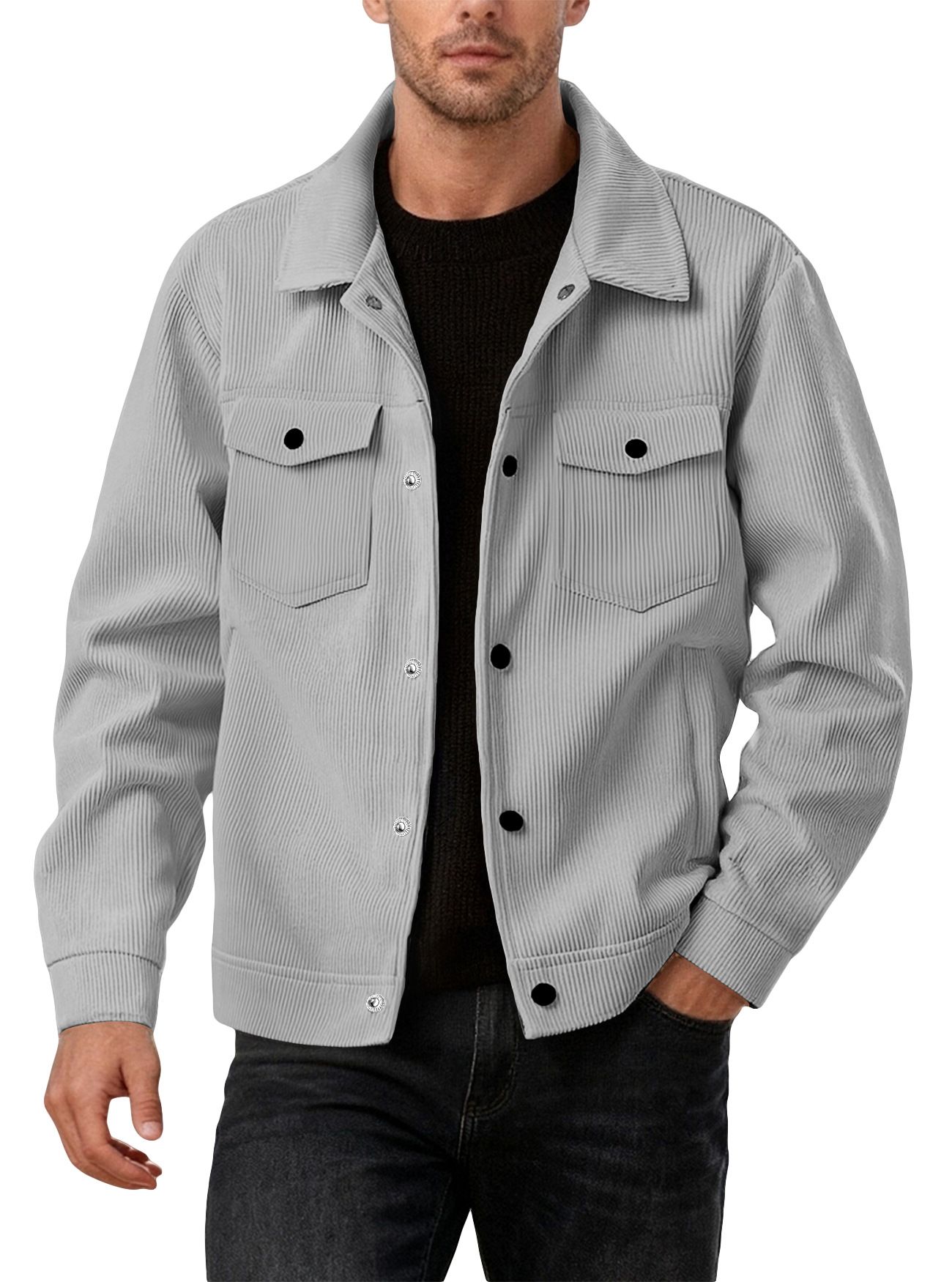 Clothes > Men's Clothing > Tops > Jackets & Coats  European and American corduroy single-breasted casual sports trendy pocket jacket men's lapel long-sleeved shirt