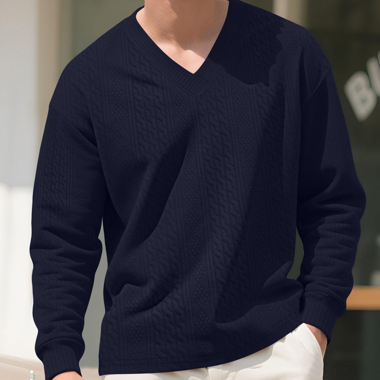 Clothes > Men's Clothing > Tops > Shirts  Casual Jacquard Knitted Shirt Men's Autumn Loose Long Sleeve Sweatshirt T-shirt Men's Hoodie Jacquard Trendy Ins Top