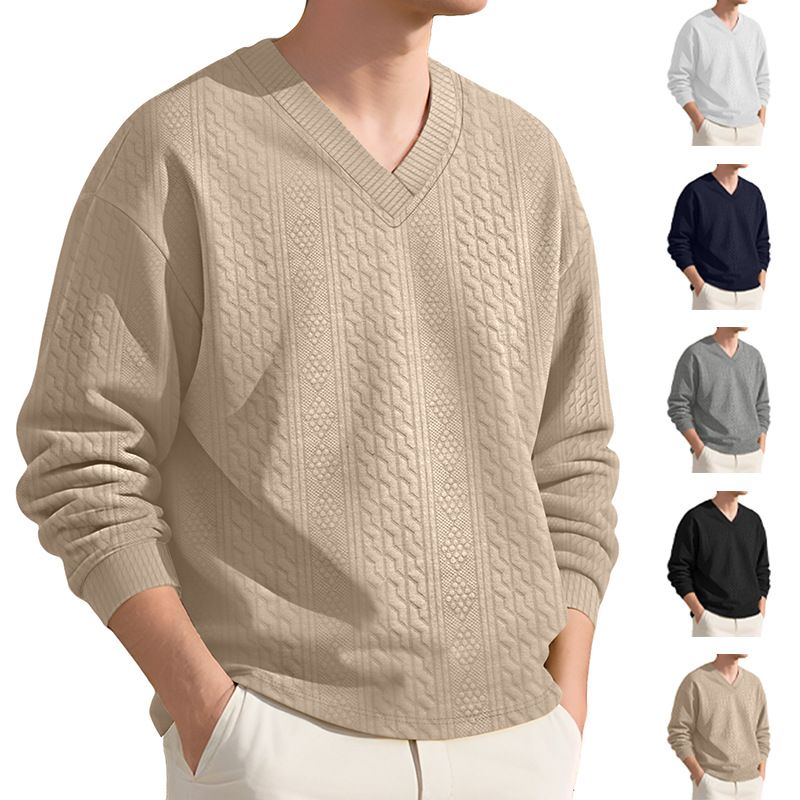 Clothes > Men's Clothing > Tops > Shirts  Casual Jacquard Knitted Shirt Men's Autumn Loose Long Sleeve Sweatshirt T-shirt Men's Hoodie Jacquard Trendy Ins Top