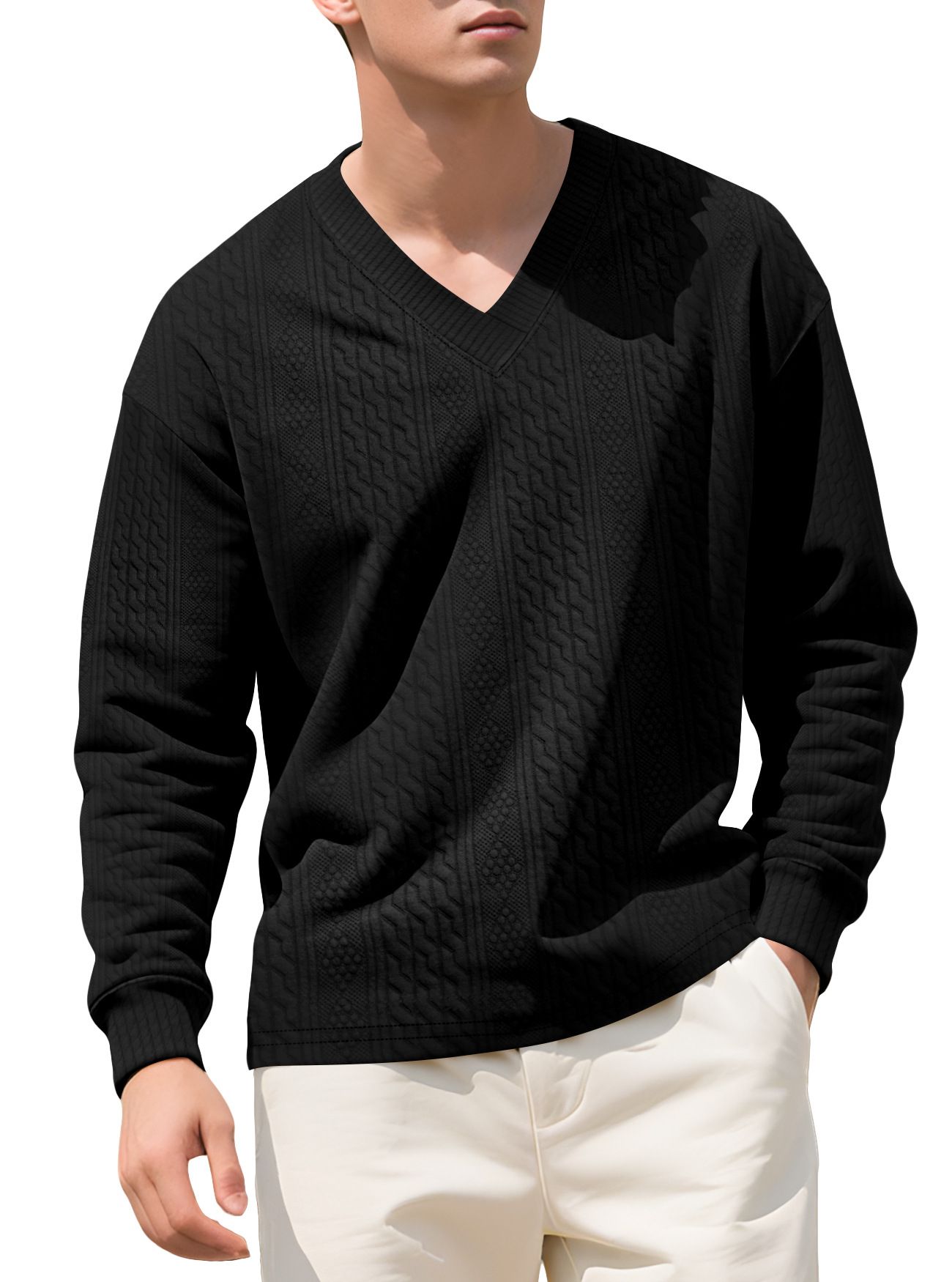 Clothes > Men's Clothing > Tops > Shirts  Casual Jacquard Knitted Shirt Men's Autumn Loose Long Sleeve Sweatshirt T-shirt Men's Hoodie Jacquard Trendy Ins Top