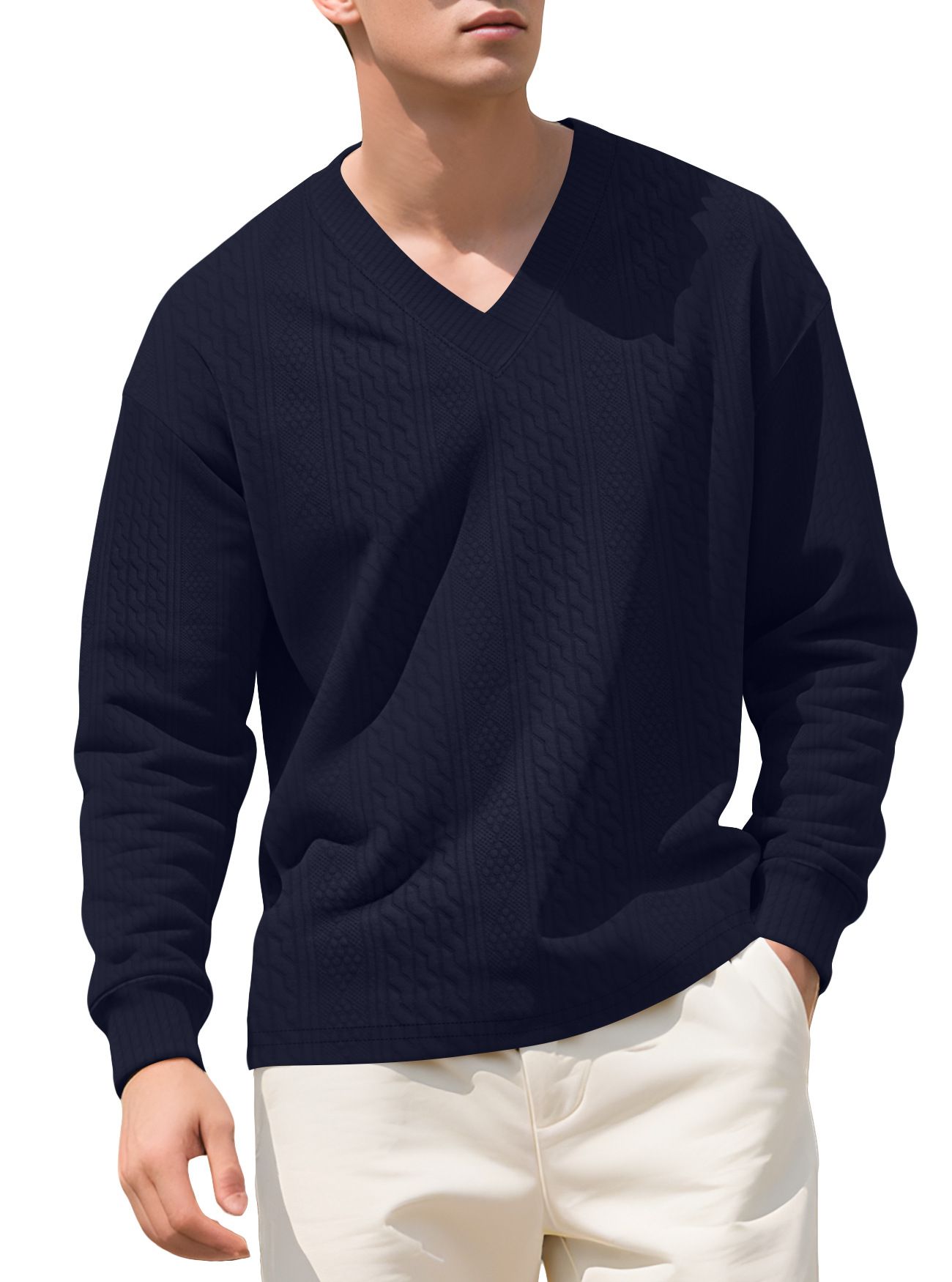 Clothes > Men's Clothing > Tops > Shirts  Casual Jacquard Knitted Shirt Men's Autumn Loose Long Sleeve Sweatshirt T-shirt Men's Hoodie Jacquard Trendy Ins Top