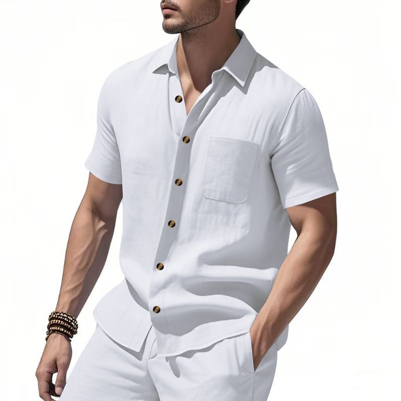 Clothes > Men's Clothing > Tops > T-Shirts Men Woven Short Sleeve Shirt Solid Big Size Business Casual