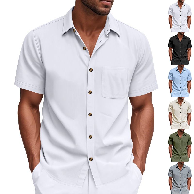 Clothes > Men's Clothing > Tops > T-Shirts Men Woven Short Sleeve Shirt Solid Big Size Business Casual
