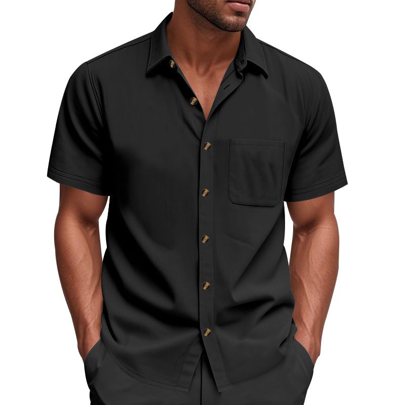 Clothes > Men's Clothing > Tops > T-Shirts Men Woven Short Sleeve Shirt Solid Big Size Business Casual