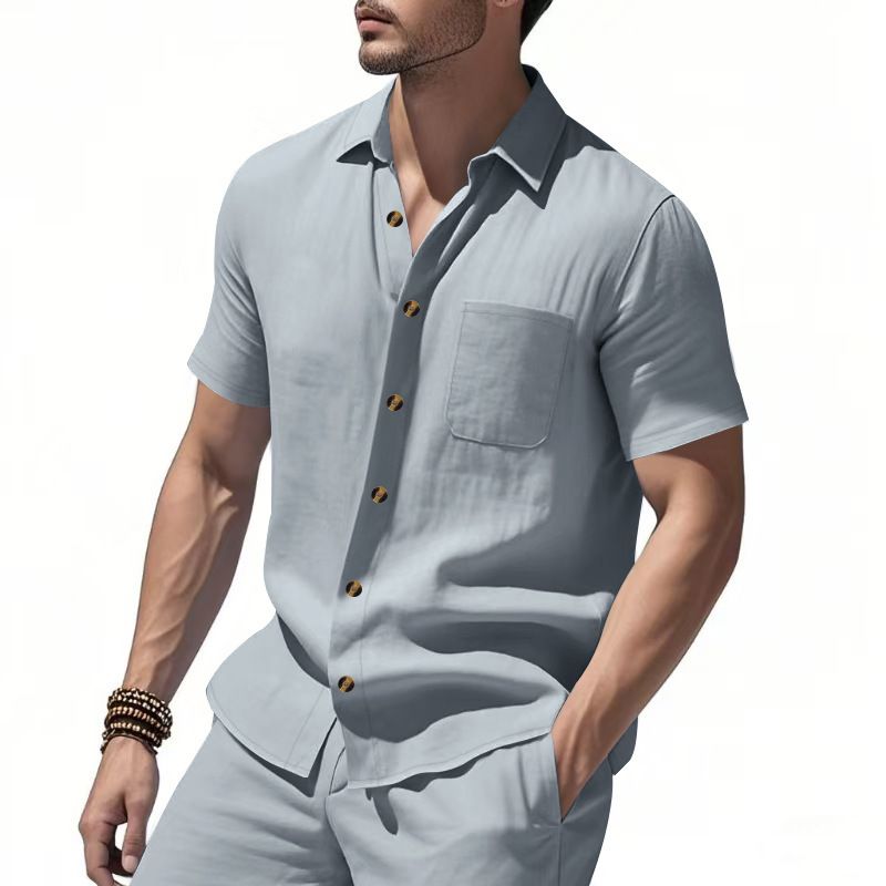 Clothes > Men's Clothing > Tops > T-Shirts Men Woven Short Sleeve Shirt Solid Big Size Business Casual